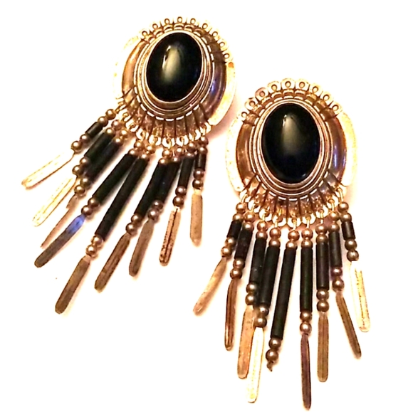 VINTAGE STC Sterl.Silver Onyx Concho Fringe Drop Earrings **WKEND SALE PRICE** - Picture 11 of 12